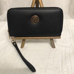 Black Wristlet Wallet with Gold Logo Accent
